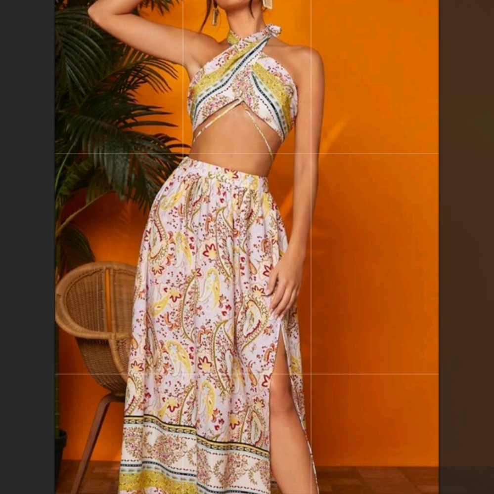 Paisley Print Crisscross Halter Top & Split Thigh Skirt Set - NEW